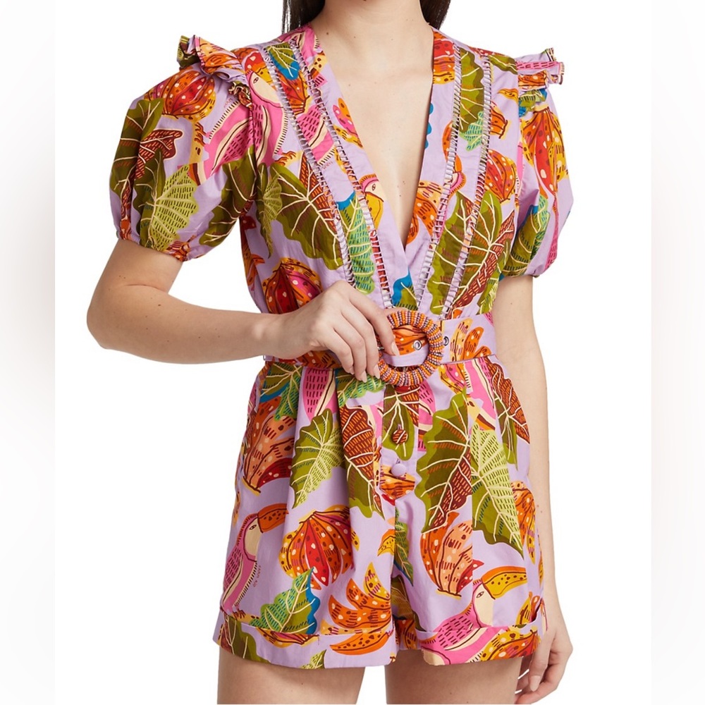 Farm Rio Beaks & Bananas Belted Ruffled Cotton Romper worn twice
